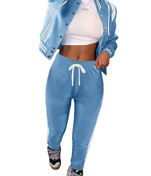 Fooullaide Women’s Varsity Jacket Sweatsuit 2 Piece Tracksuit Crop Top Button Down Letterman Jackets Pants Sets