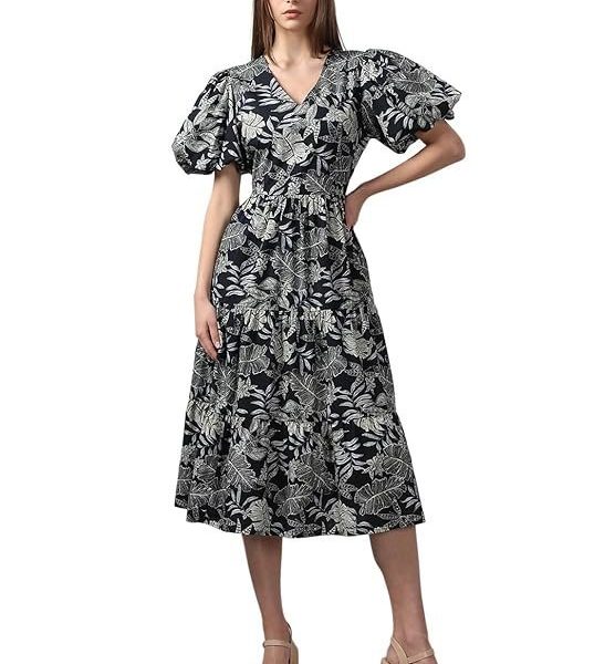 VERO MODA Women Floral Printed V-Neck Puff Sleeve Fit & Flare Midi Dress