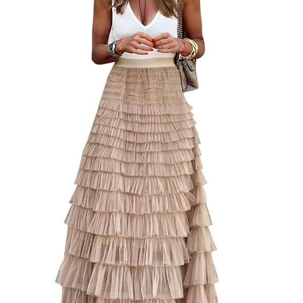 Womens Long Maxi Tulle Skirt A Line Ruffle Mesh High Waisted Tiered Layered Skirts Petticoat