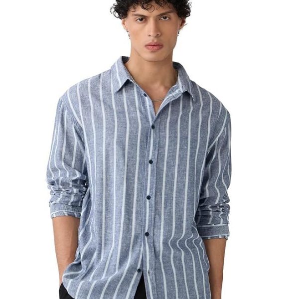 The Souled Store Cotton Linen Stripes: Nautical Men and Boys Long Sleeves Collared Neck Button Front Grey Striped Regular Fit Lightweight Summer Cotton Linen Shirts