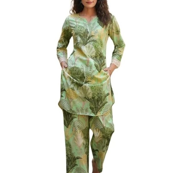 NAINVISH Women's Cotton Blend Green Printed V-Neck Co-ord Set | Daily & Casual Wear