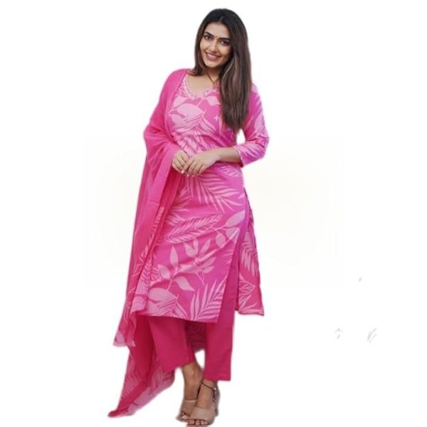 JIKRA JAIPUR Women's Pink Leafy Print Muslin Straight Kurta Pant Set with Matching Leafy Printed Dupatta | Comfortable Ethnic Wear for Everyday and Special Occasions