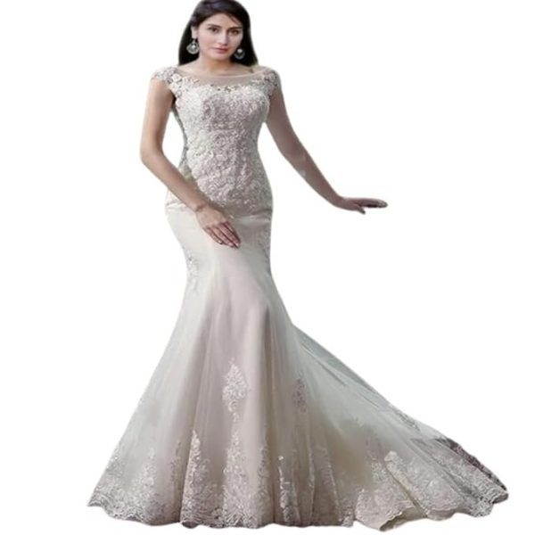 GOWNLINK Train Wedding Mermaid Gown Christian Women Special Occasion White with Extra Sleeve