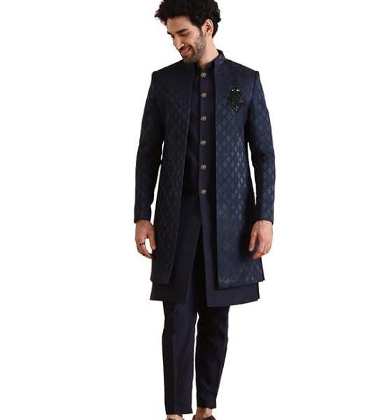 KISAH Mens Jacket Sherwani Trouser Set|Silk Blend Fabric Jacquard Pattern Indo-Western Sherwani Set for Men|Regular Fit Mandarin Collar Long Sleeves