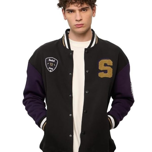The Souled Store Souled Originals Jacket: Varsity Men and Boys Long Sleeves Band Neck Black Cotton Blend Oversized Varsity Jackets