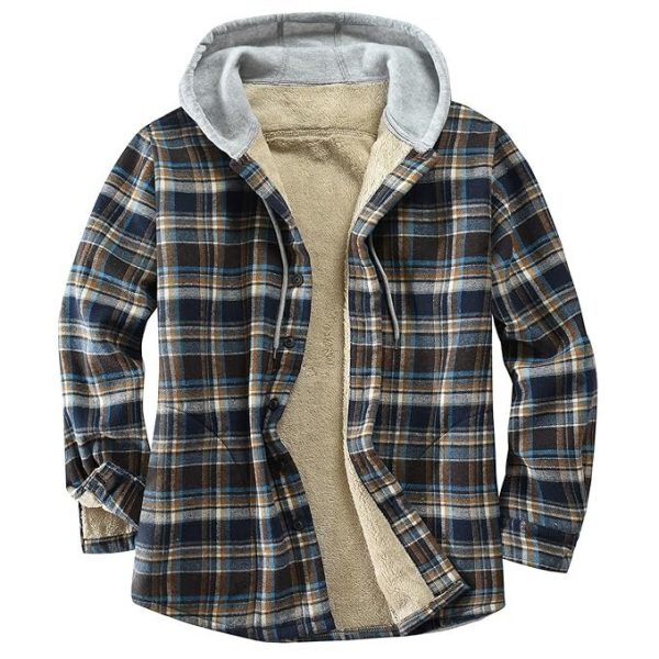 Derbars Men's Cotton Plaid Shirts Jacket Fleece Lined Flannel Shirts Sherpa Button Down Jackets with Hood for Men