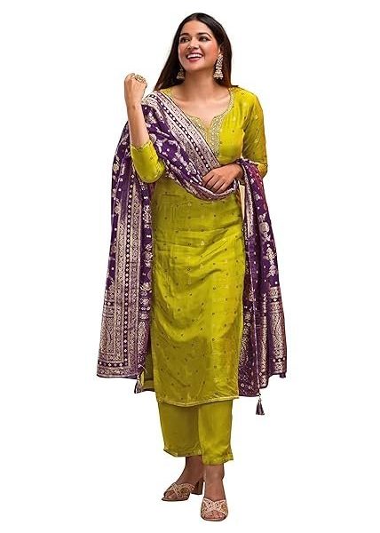 TRENDMALLS Women's Silk Embroidery Kurta Pant Set with Banarasi Dupatta