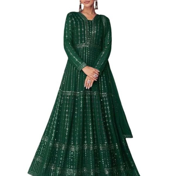 Miss Ethnik Women's Faux Georgette Stitched Top With Unstitched Santoon Bottom and Dupatta Full Sleeve Embroidered Anarkali Gown