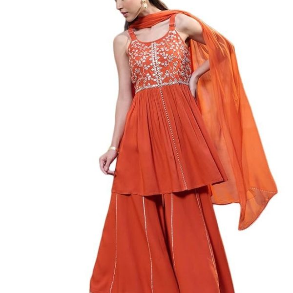 Stylum Women's Solid & Embrpodered Rayon Short Kurti Sharara Dupatta Set