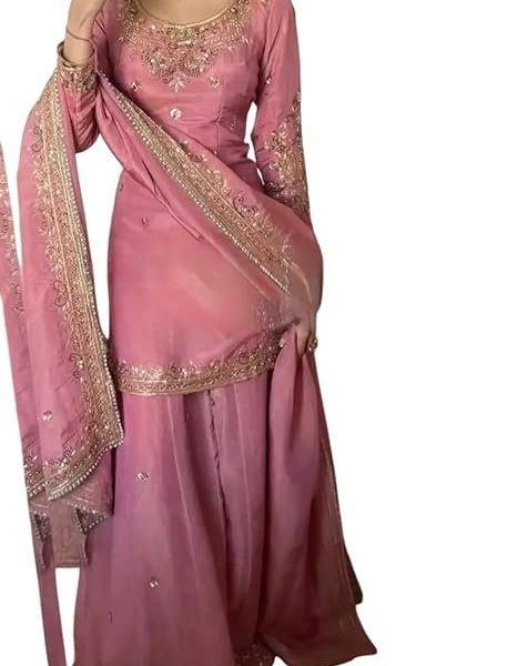 PORWAL CRAFT Women's Pure Chinnon Silk Embroidered Kurti with Sharara & Dupatta Set