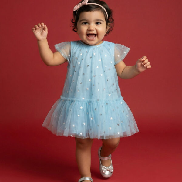 Adambil Baby Girls' A-line Frilled Mesh All-over Flower & Polka Dot Print Party Dress