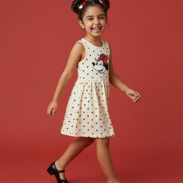 Adambil Girls' 100% Cotton Disney Minnie Mouse Placement Print & Polka Dot Print Dress