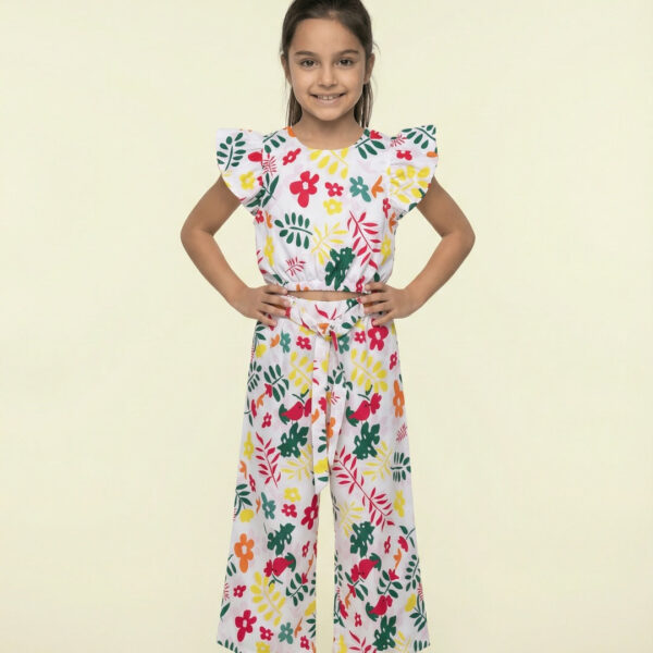 Adambil Girls Tropical Floral Print Regular Fit Cap Sleeve Crop Top with Wide Legged Pants Co-ord Set