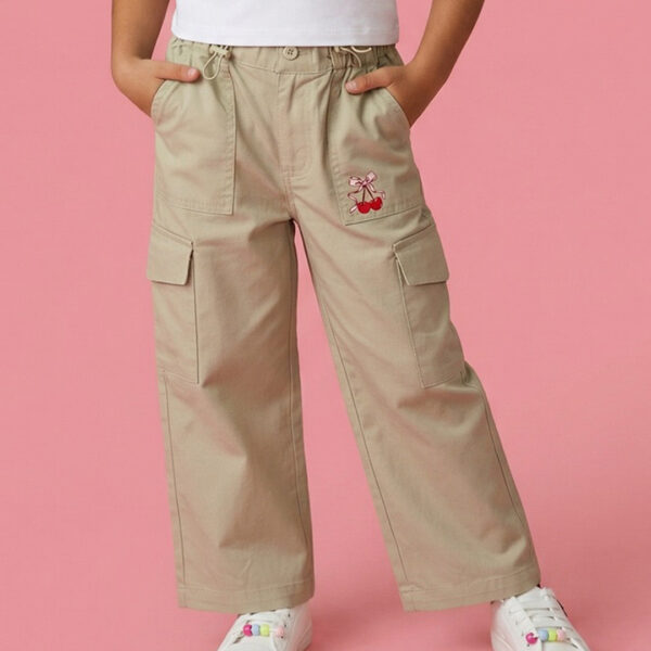 Adambil Girls Pure Cotton Cherry Placement Print Baggy Fit Wide-leg Pants