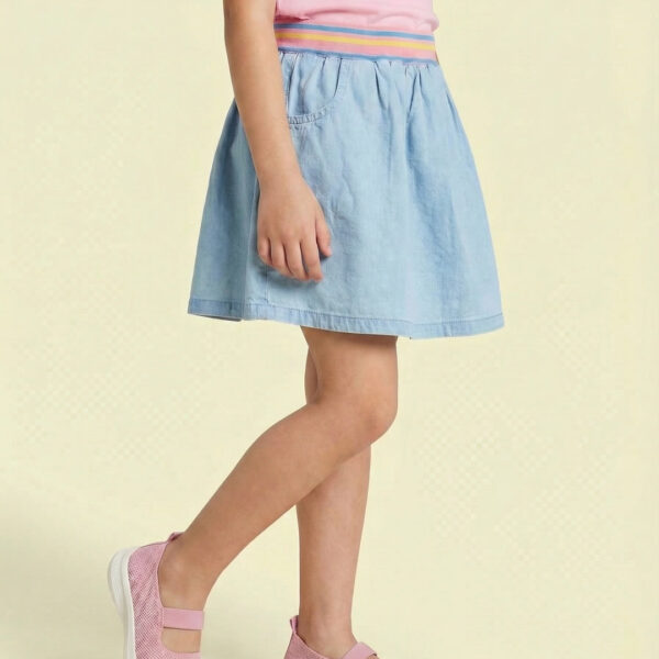 Adambil Girls' 100% Cotton Mid-blue Wash Denim Skirt with Contrast-rib Waistband