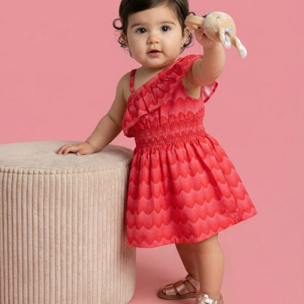 Adambil Baby Girls Fit & Flare Off-shoulder Dress with Red Gradient Wavy Horizontal Stripes