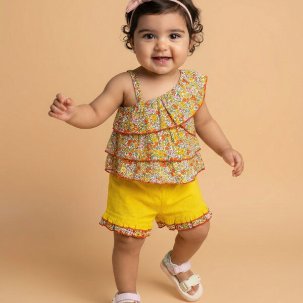Adambil Baby Girls 100% Cotton Floral Printed Off-Shoulder Ruffle Top and Yellow Shorts Clothing Set