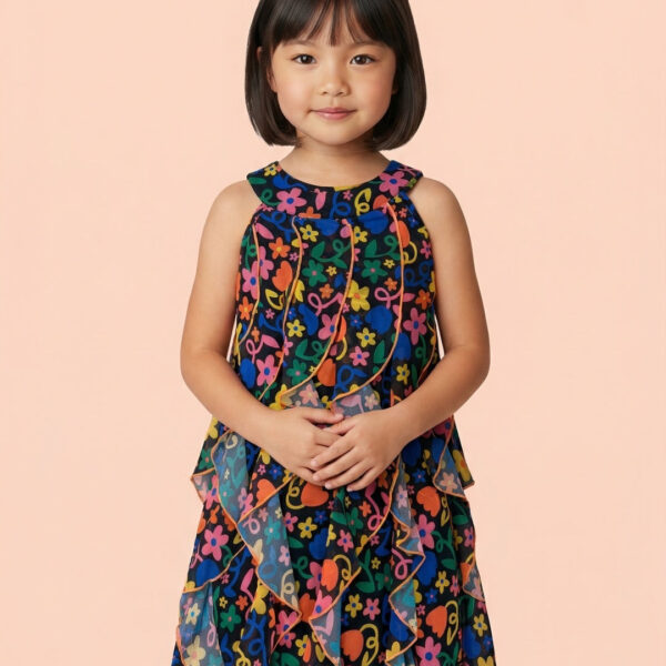 Adambil Girls' Georgette All-over Floral Print A-line Ruffle Dress