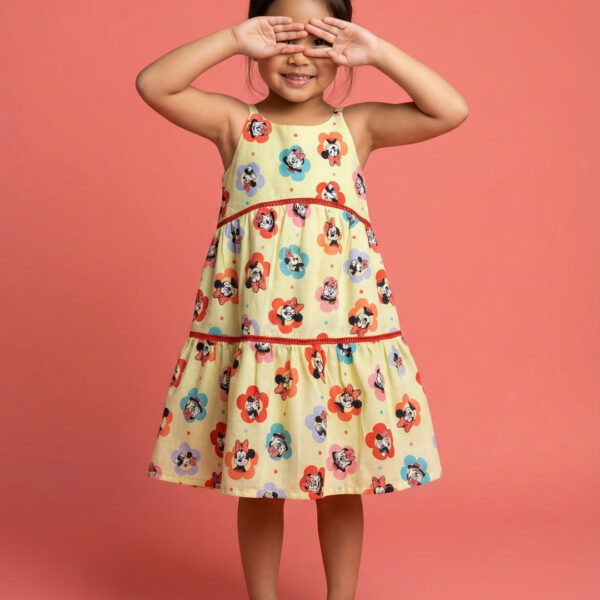 Adambil Girls' 100% Cotton All-over Disney Minnie Mouse Floral Printed A-line Tiered Dress with Ladder Lace Design
