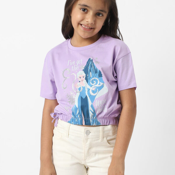 Adambil Frozen Girls Cotton Elsa Crop T-shirt with Elasticated Hemline & Side Tie Ups
