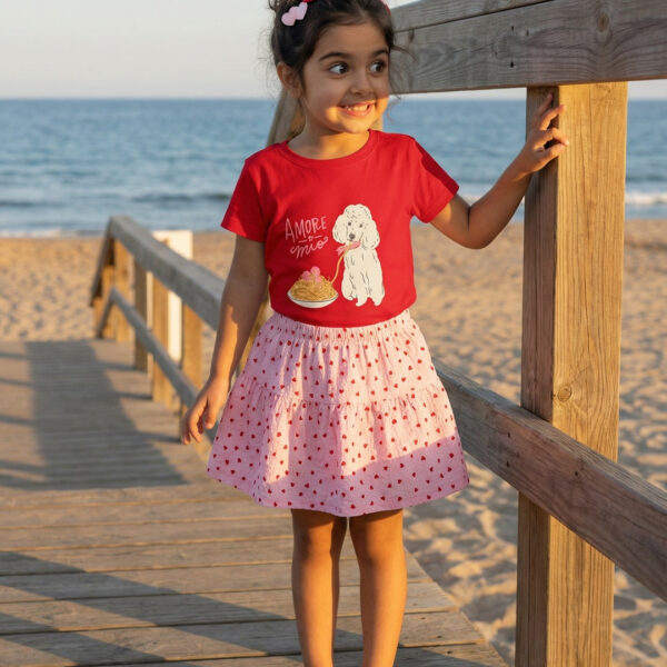 Adambil Girls Red Regular Fit Crew Neck Cotton Graphic T-shirt and All Over Print Pink Crepe Skirt Summer Clothing Set