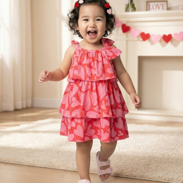 Adambil Baby Girls All-over Heart Print A-line Strappy Tiered Dress with Bow