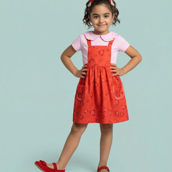 Adambil Girls Printed Fit and Flare Pinafore Frock with Peter Pan Collar Top Co-ord Set