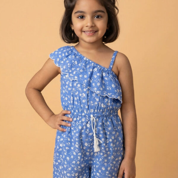 Adambil Girls' 100% Cotton Asymmetric Off-shoulder Floral Print jumpsuit