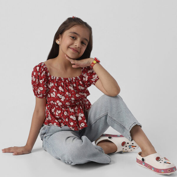 Adambil Girls Floral Print Puff Sleeve Fit and Flare Top