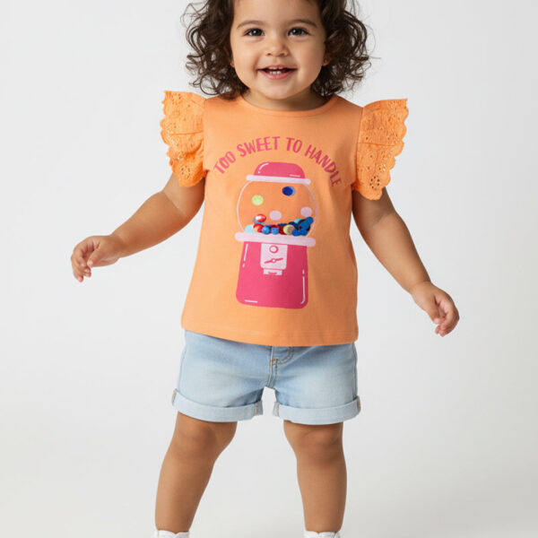 Adambil Girls' Cotton Printed Top | Schiffli Sleeves | Age 0 - 2 Years